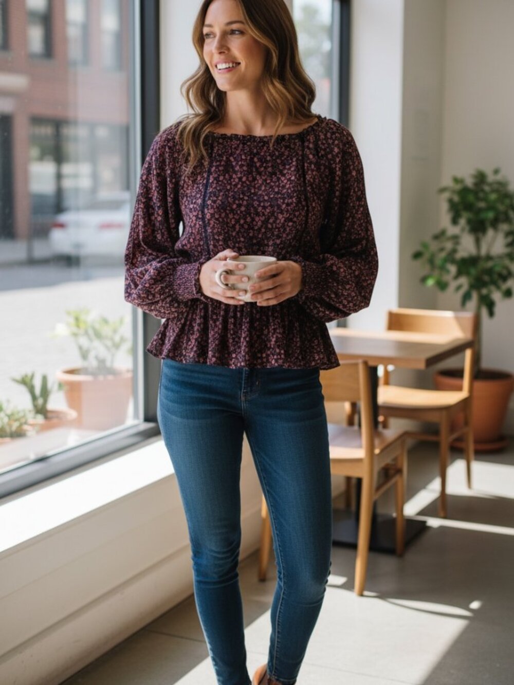 Anthropologie Black Long-Sleeve Smocked Waist Top with Pink Floral Print